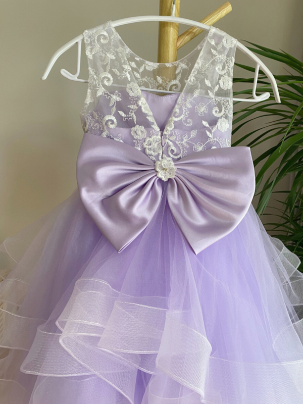 Платья для девочек с цветами, фиолетовое Тюлевое Многоярусное белое платье без рукавов с цветочным узором и бантом для свадьбы, дня рождения, вечеринки, первого причастия