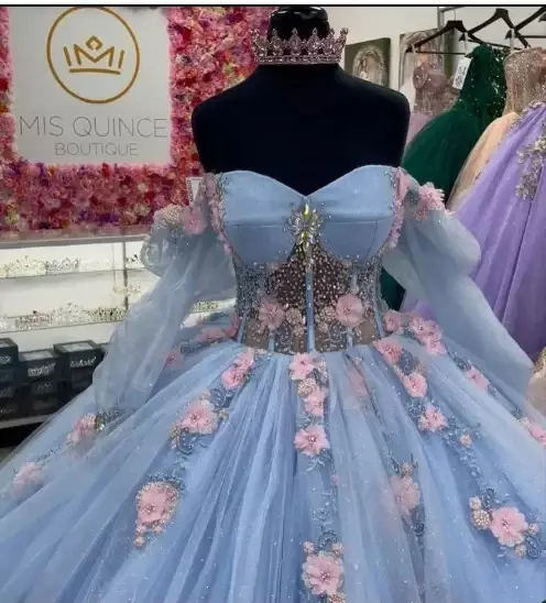 Vestidos princesa Quinceanera com flores 3D, cristais azuis brilhantes, mangas compridas, vestido de baile 15 anos, festa de aniversário