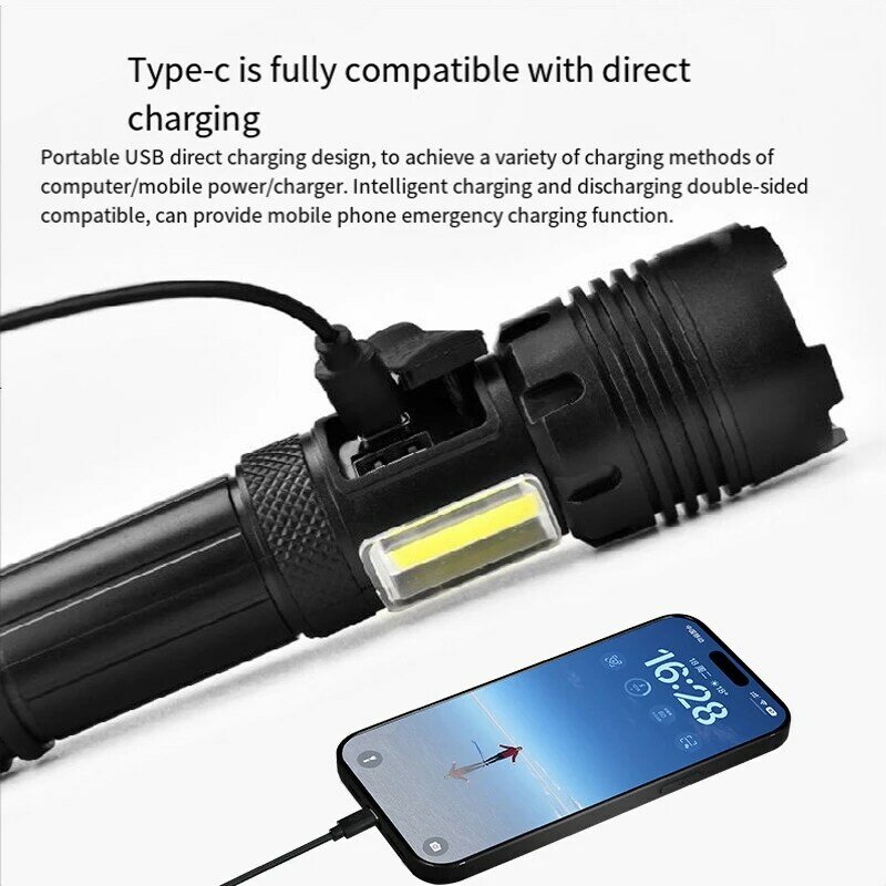 Linterna de luz fuerte COB, luz lateral, carga USB, Zoom, multifunción, superbrillante