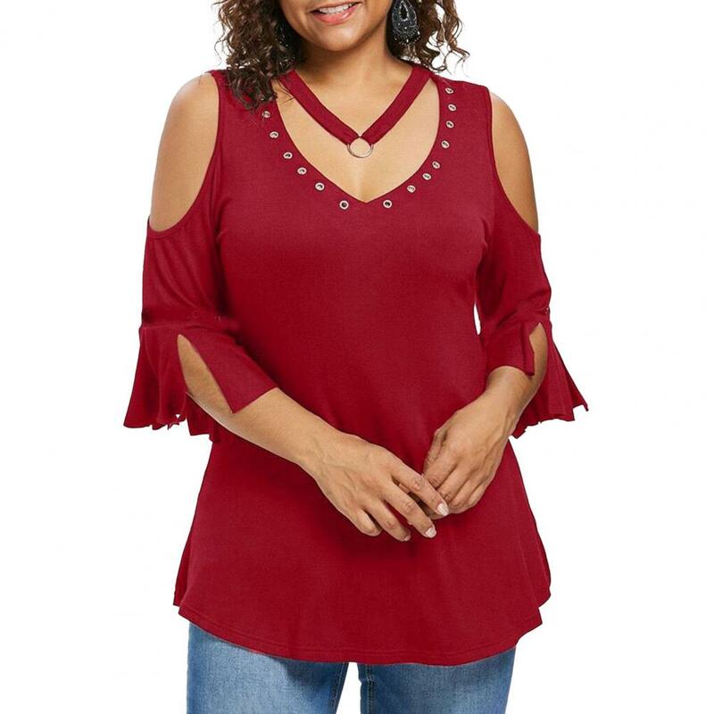 Plus Size Women T-Shirts V-neck Short Sleeve Split Cuffs Basic Top Hollow Out Cold Shoulder Plus Size T-Shirt Female