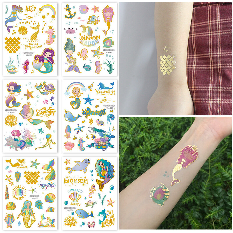 6 hojas impermeables estampadas, pegatinas de tatuajes de unicornio dorado, sirena, mariposa, Flash temporal, tatuajes de dibujos animados desechables