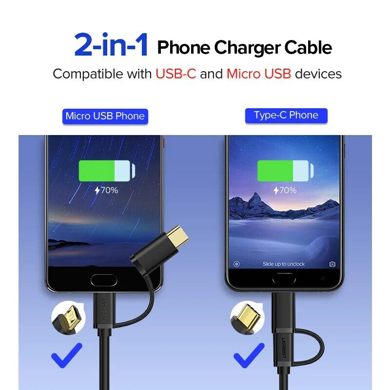 Ugreen USB Typ C Kabel für Samsung Galaxy S10 S9 Plus 2 in 1 Schnelle Lade Micro USB Kabel für xiaomi Tablet Android USB Kabel