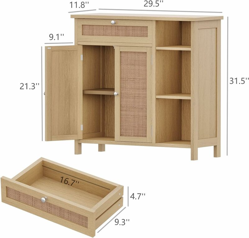 Armario con puertas de ratán para sala de estar, mueble de suelo de baño con almacenamiento abierto/estante ajustable, barra de café con cajón