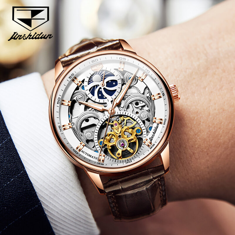 JSDUN Mechanical Watches for Business Men Skeleton Design Waterproof Wristwatches Classic Leather Strap Gift for Husband 8922
