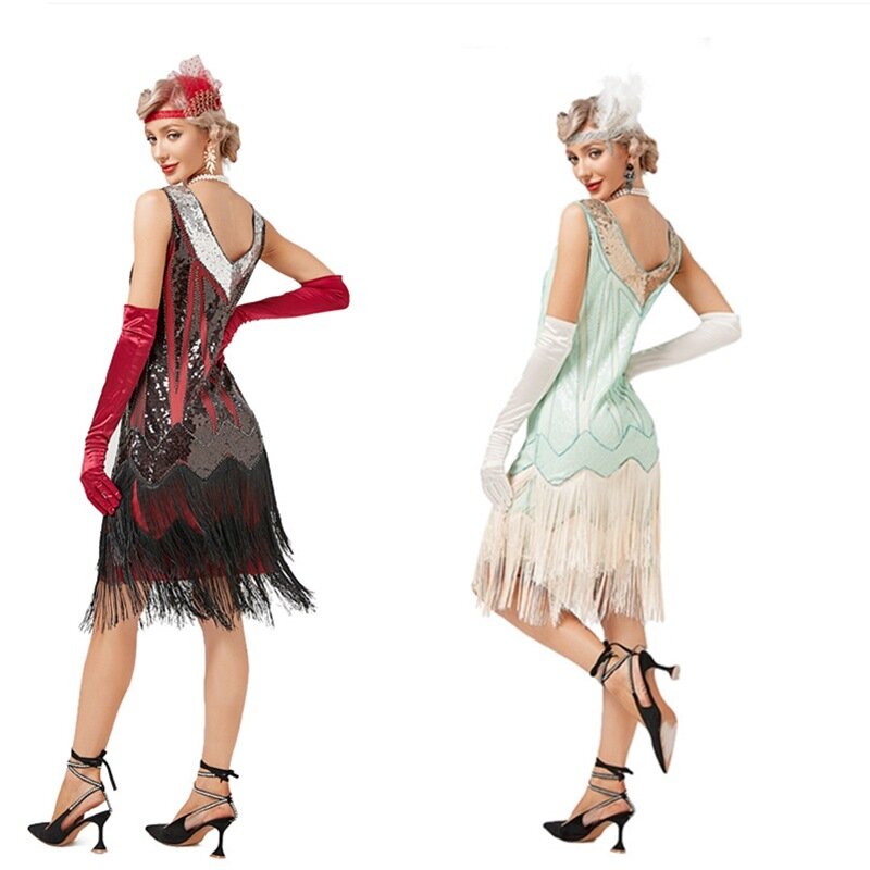 2023 Summer New Women's V-neck Sleeveless Sequined Tassel Dress 1920S Retro Dance Party Evening Dress