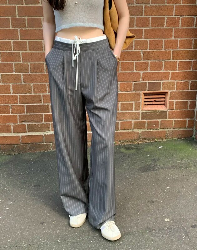 Chic Women Striped Lace Up Casual Loose Straight Suits Pants 2024 Spring Summer Office Ladies High Waist Wide Leg Trousers WP18