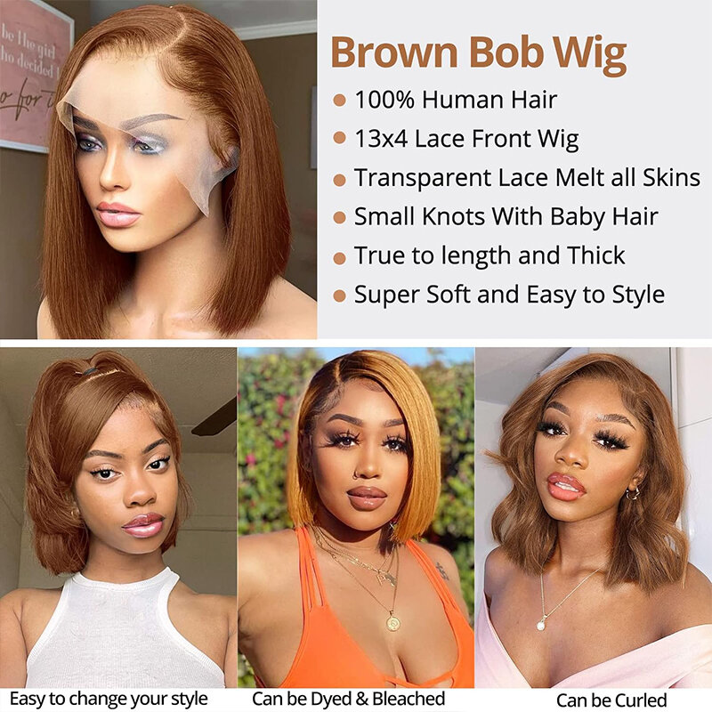 Brown Bob Wig Human Hair 13x4 HD Lace Front Wigs Short Bob Wig for Black Women Pre Plucked with Baby Hair 180% Density 14 Inch