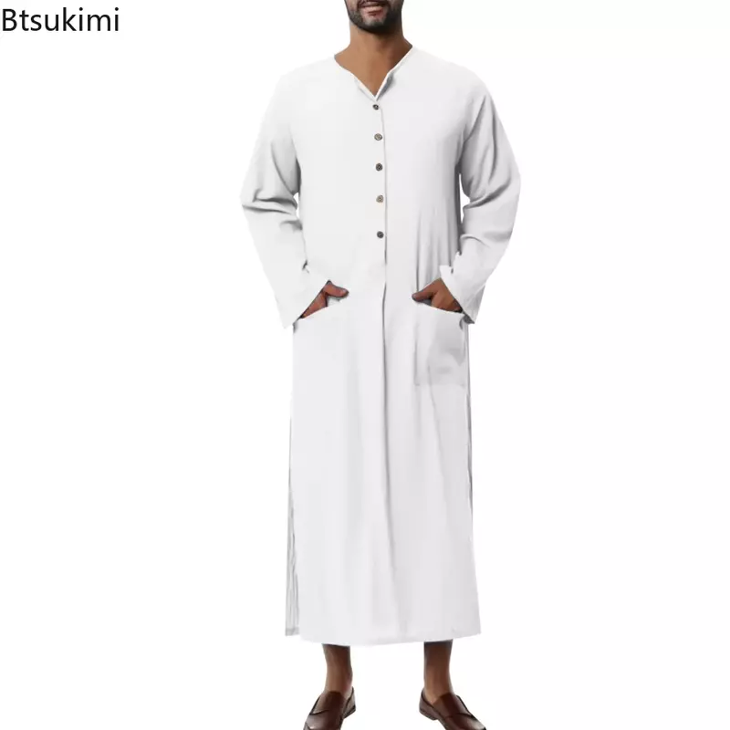 Neue 2024 Männer muslimische Langarm Robe muslimische Jubba Thobe lässig Kaftan Knopf verschluss einfarbige Schlitz arabische Kleidung für Männer
