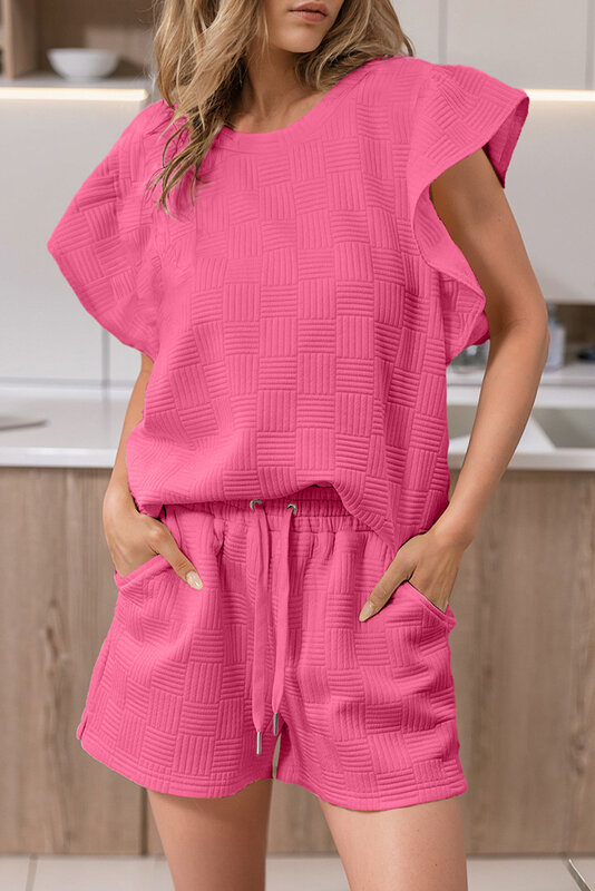 Однотонная женская домашняя одежда, женский летний топ без рукавов с оборками, шорты с несколькими карманами и кулиской, комплект из двух предметов, Пижама для женщин