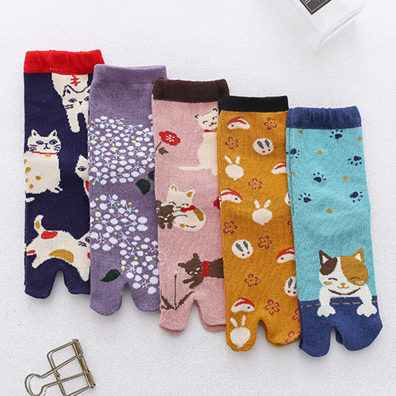 Calcetines de algodón de punto con dedos de los pies para mujer y niña, medias bonitas de dibujos animados de gato, estilo Kawaii, novedad, 5 pares