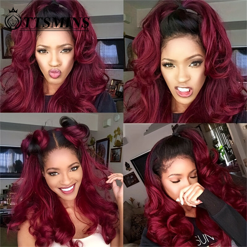 Glueless Preplucked Ombre 1b 99j Burgundy Lace Front Wigs Human Hair 180 Density Transparent 13x4 Lace Frontal Wig For Women