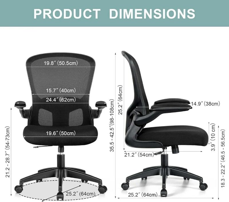 Cadeira de mesa ergonômica com apoio lombar e braço flip-up, ajustável malha giratória, computador do escritório