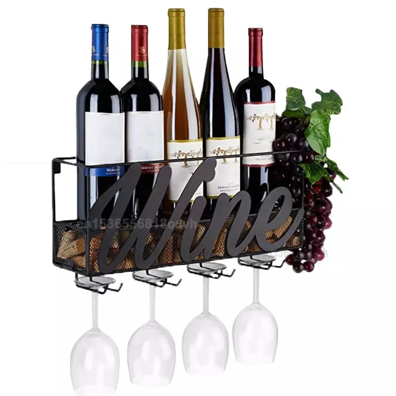 Suporte para vinho de ferro montado na parede 4 ganchos suportes para copos de vinho metal prateleira garrafa de champanhe com bandeja de cortiça extra