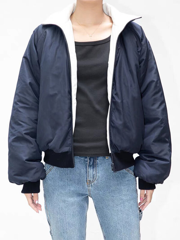 Vintage Double-side Stand Collar Cotton Jacket Women Casual Solid Loose Outerwear Streetwear Chic Harajuku Winter Jackets Tops