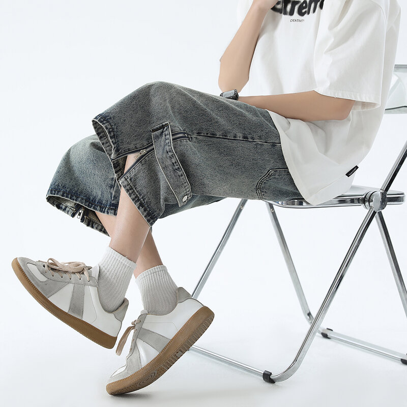 Korean Style Zipper Decor Men's Jeans Sixer Pants Summer Male Wide Leg Shorts 2024 Washed Fashion Loose Casual Denim Trousers