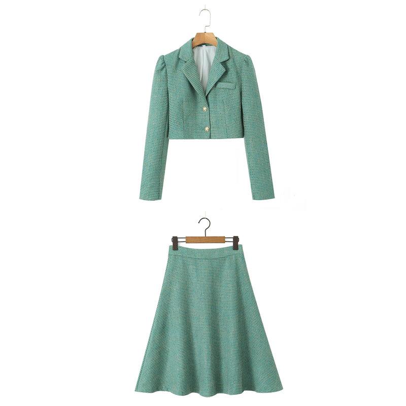 Taop & za-女性用ショートブレザーとハイウエストスカート,ミッドレングススカート,気質スーツ,小さな香りのスタイル,春,2022