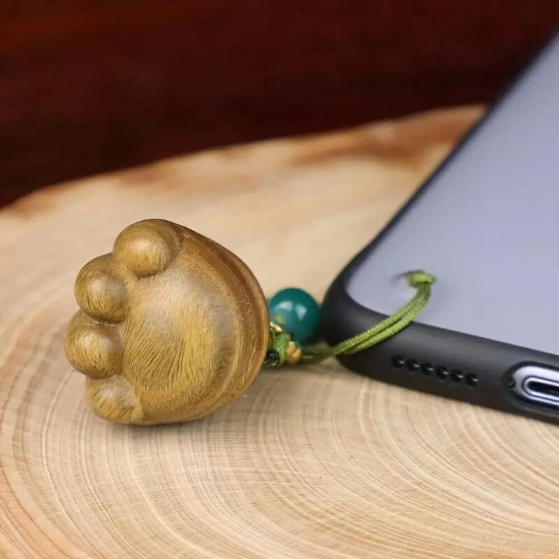 Natural Green Sandalwood Mobile Phone Pendant Meat Doodle Small Meat Ball Short Carved Kitten Claw Car Bag Key Chain Handlehold