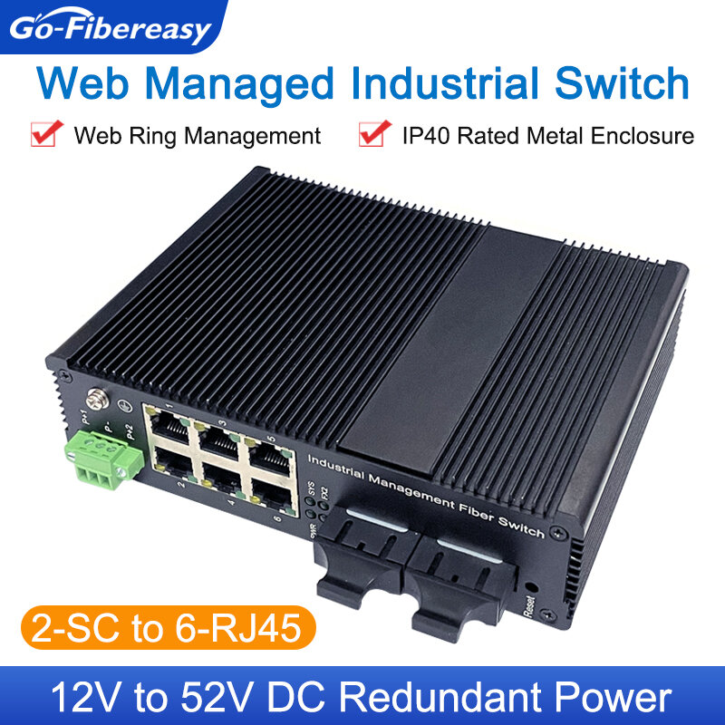 Interruptor Industrial gestionado por Web, económico, 2FX SC a 6TX UTP RJ-45 Ethernet, transceptor de fibra óptica, gestión de anillo Web