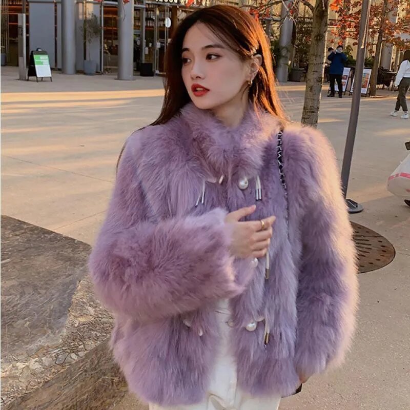 Korean New Faux fox fur Coat 2024 Autumn Winter New Women's Loose Stand collar plush Coats Female Warm Thicken Fur Overcoat
