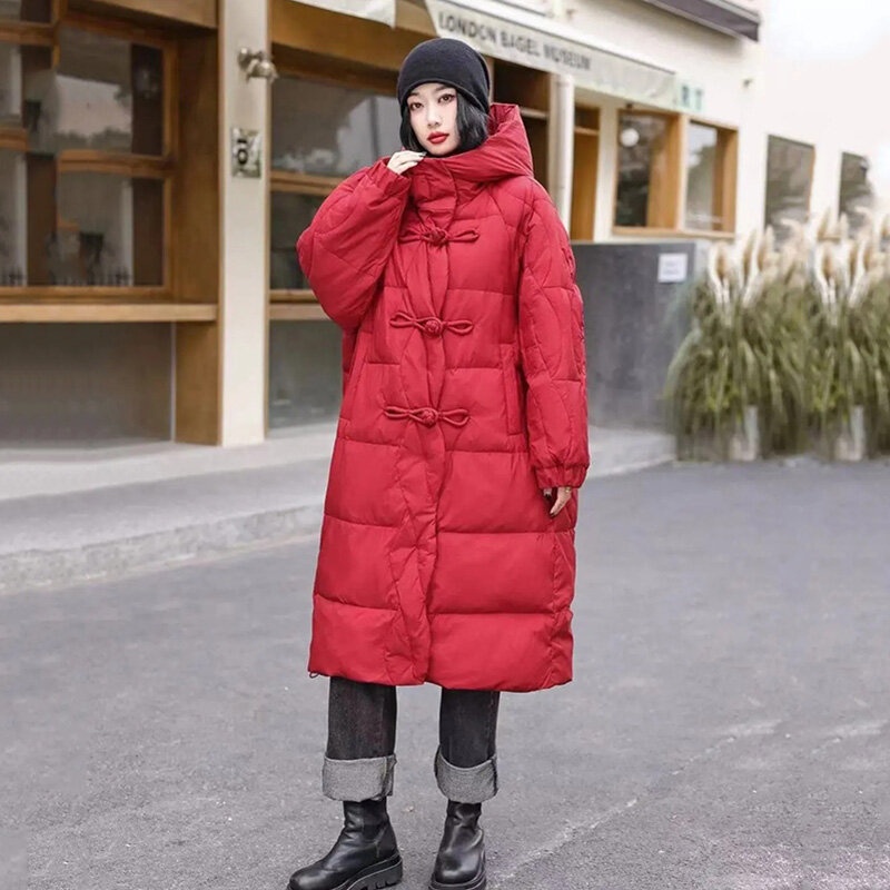 Women's Down Jacket Ethnic Style Down Jacket New Hooded Buckle Loose And Slimming Winter Long Thickened Down Jacket