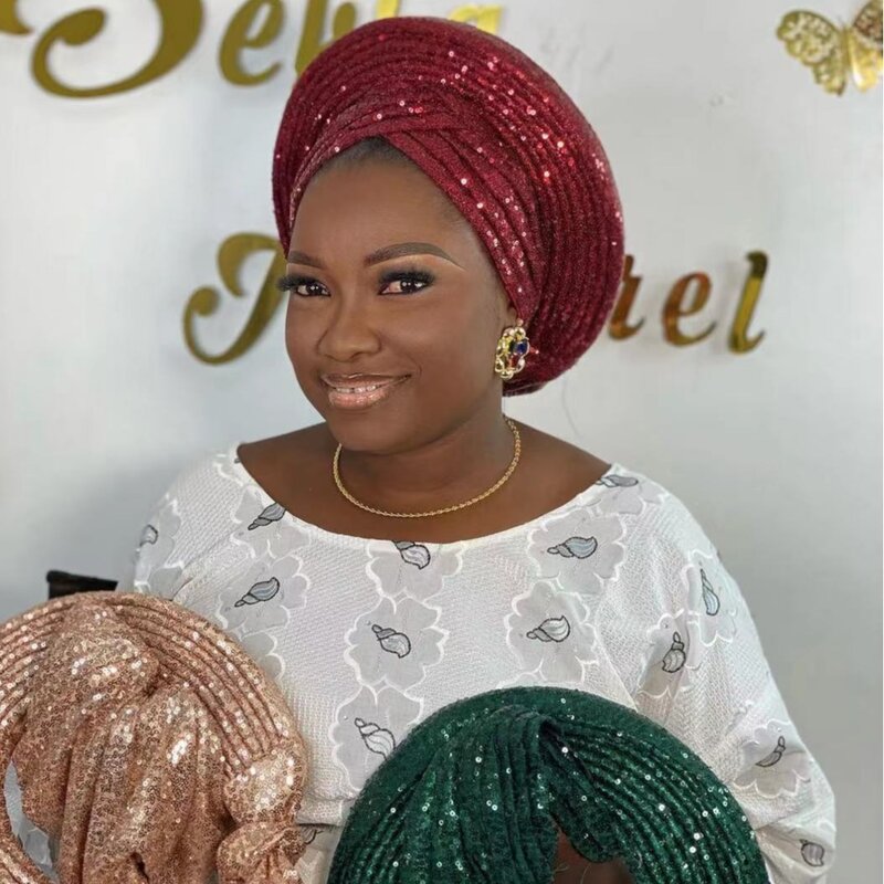 Topi Turban kelap-kelip wanita siap pakai, ikat kepala Gele otomatis Afrika, penutup kepala wanita untuk pernikahan Nigeria