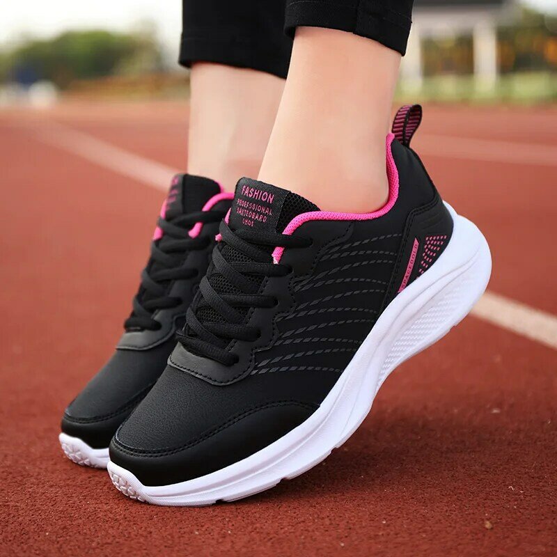 Wodoodporne skórzane tenisówki dla kobiet, buty do biegania, codzienne buty sportowe, czarne trampki, jesień, wiosna