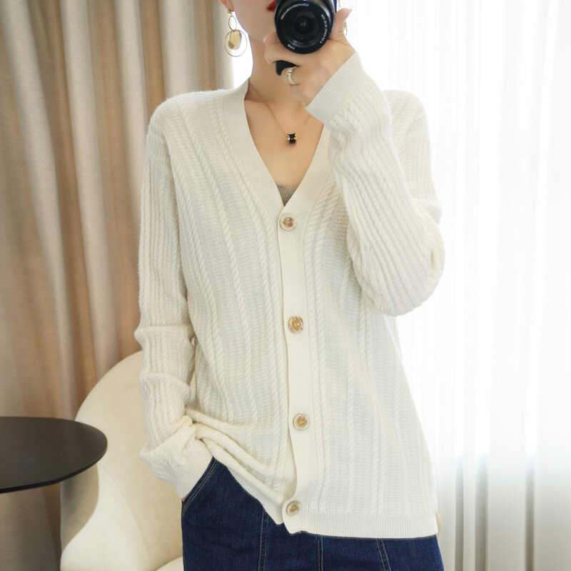 Cárdigan de punto de lana pura para mujer, chaqueta Retro, suéter suelto, ropa exterior, cuello en V, versión coreana, 2020