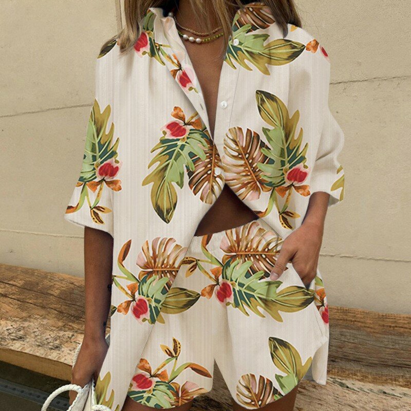 Женский пляжный костюм из двух предметов, элегантная однобортная рубашка с отложным воротником и принтом листьев, свободные шорты, летний комплект одежды