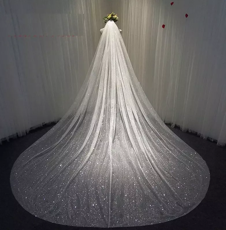 Bling Bling Bridal Veils Sparkly White Champagne Long Cathedral Glitters Wedding Veil With Comb 1 Tier velo de novia 350cm