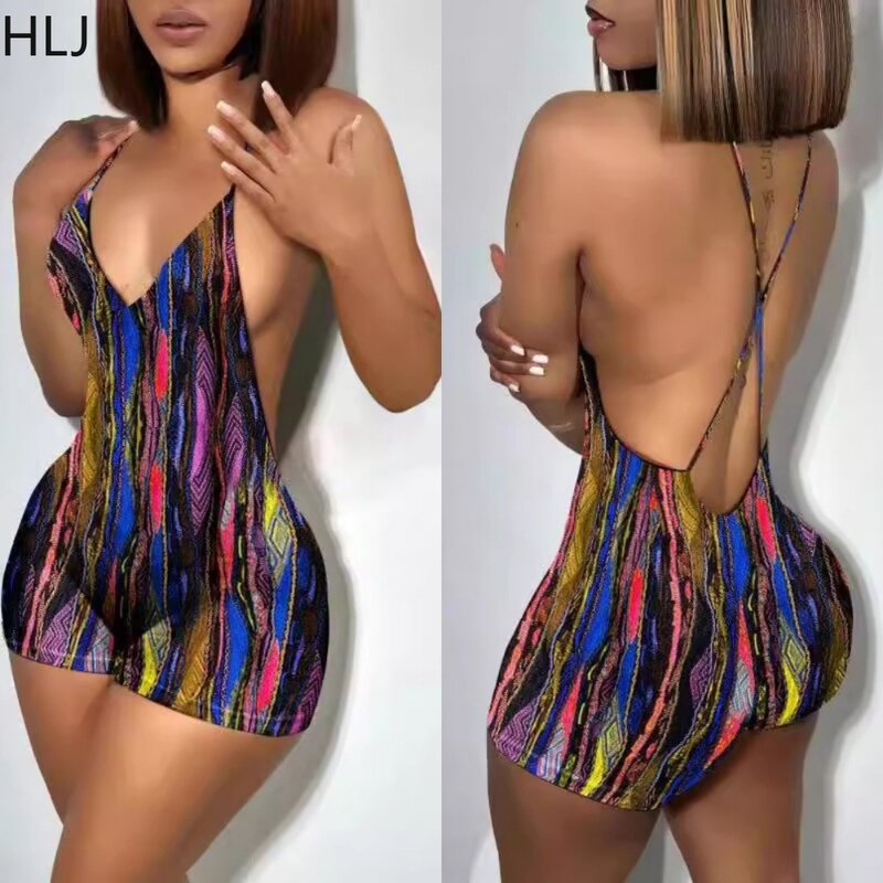 HLJ Sexy Retro Print Deep V Bodycon Rompers Women Thin Strap Sleeveless Backless Slim Jumpsuits Fashion Female One Piece Overall