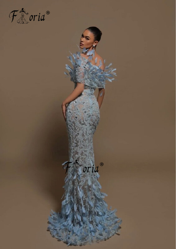 Elegant Blue ดูไบ Mermaid Evening Dresses Luxury 2023 Feathers ลูกปัดเสื้อลูกไม้ Longue Soirée Scoop คอ Largo Fiesta Noche