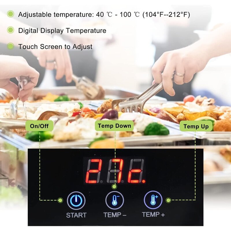 Digital Display Steel Food Warmer, Electric Roll Top, Chef Chafing, Steer para festas, Commercial Food Steam Table