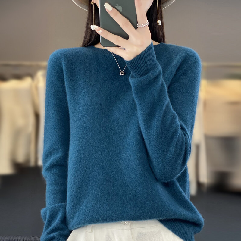 100% Merino solidny kolor sweter damski jesień i zima nowy jednolity kolor z okrągłym dekoltem z długim rękawem ciepła moda luźny dzianinowy sweter