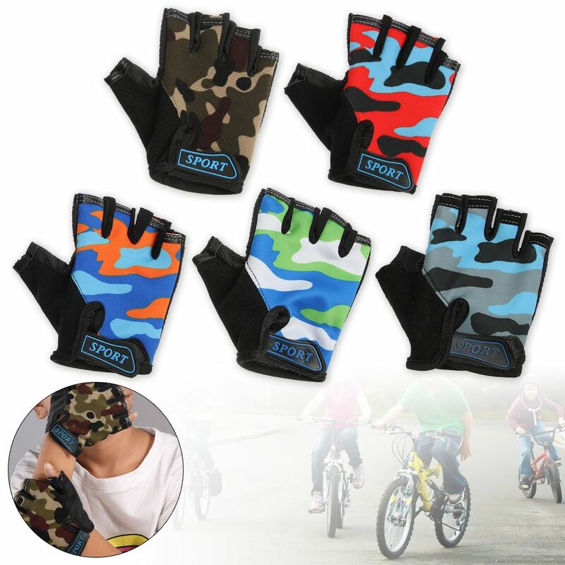 Attrezzatura da equitazione antiscivolo guanti da bici per bambini ad alta elasticità guanti mimetici mezze dita guanti da bicicletta per bambini