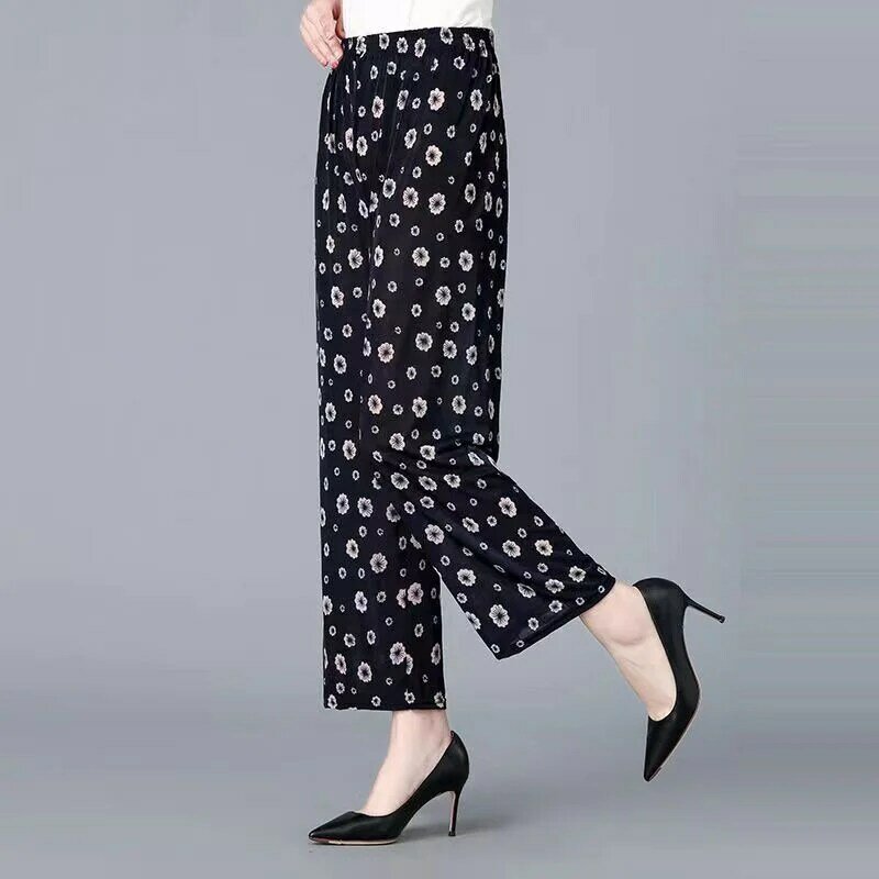 Celana crop lurus wanita paruh baya dan lansia, celana longgar motif bunga elastis pinggang tinggi musim panas 2023
