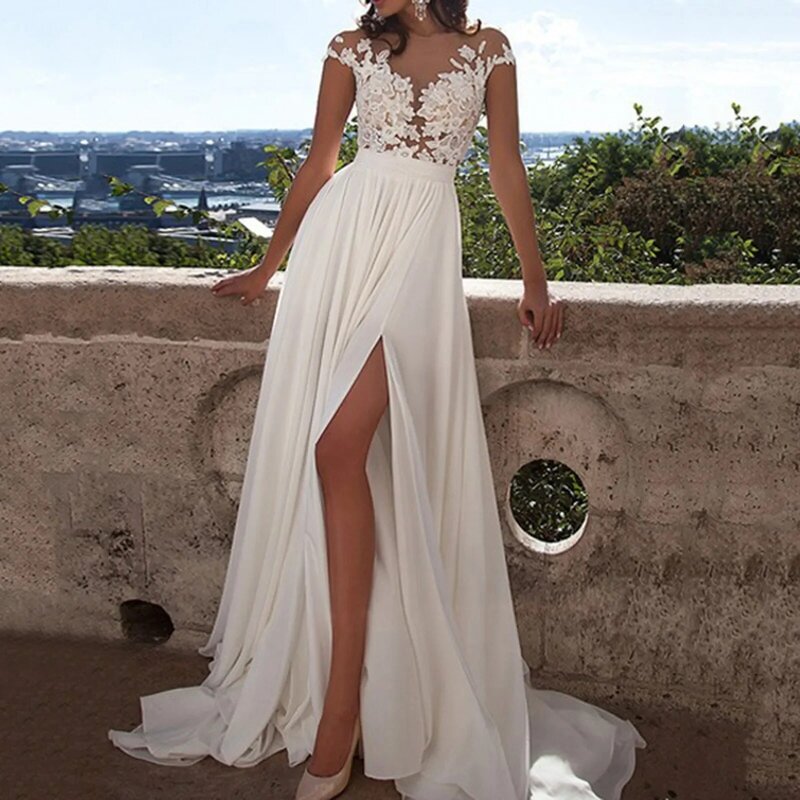 Beach Wedding Dresses Scoop Neck Floor Length Chiffon Lace Applique Wedding guest Dresses  With Split Front 2024