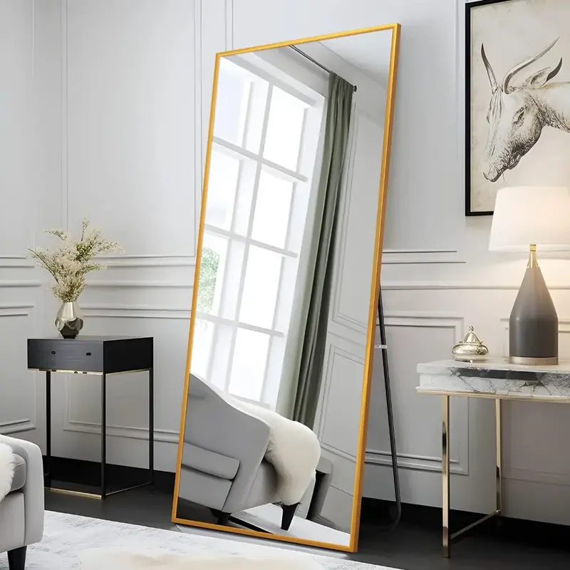 Comprimento total pendurado vestir espelho, parede-montado com suporte, liga de alumínio, ouro, 65 "x 22", livre