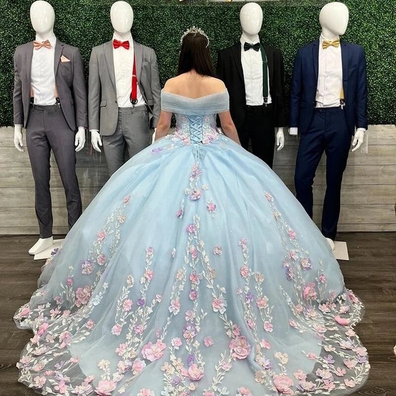 Vestido De baile azul cielo para quinceañera, Vestidos De flores 3D, apliques florales, Vestidos De encaje, Vestidos De fiesta De princesa