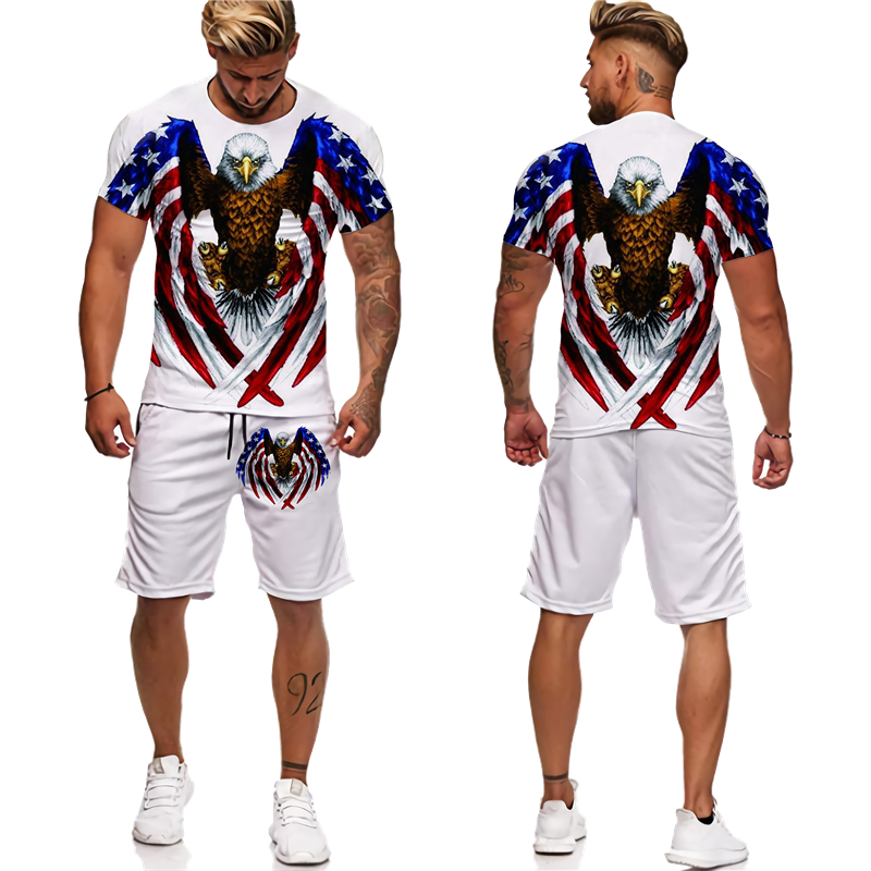 Men Tracksuit T-shirt Shorts 2 Pieces Set American Eagle 3D Printed Casual Suit Short Sleeve Streetwear Oversized Men's Clothing