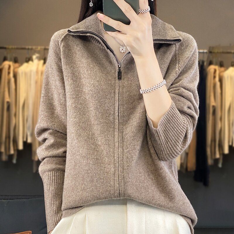 Cárdigan de lana pura 100% con cremallera y cuello alto para mujer, suéter suelto de manga larga, abrigo con solapa, Otoño e Invierno