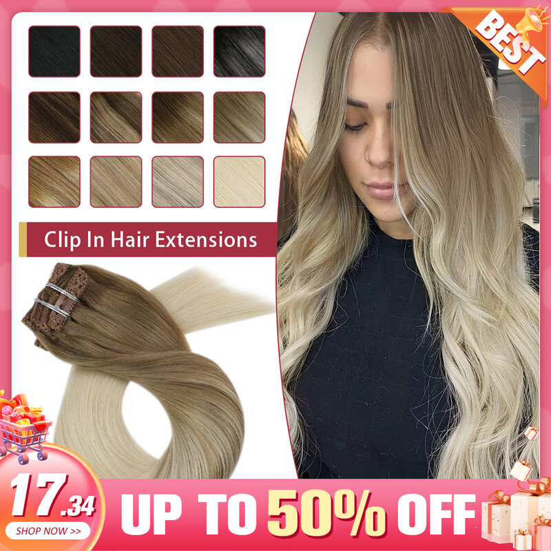 Moresoo Clip In Hair Extensions 100% Echt Remy Human Hair Braziliaanse Silky Straight Hair Extension Balayage Blond Hair Extension