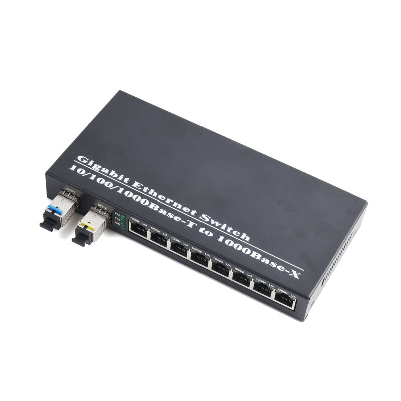 Conversor de mídia Gigabit sfp, transceptor 2 sfp para 8rj45, interruptor de fibra óptica 10/100/1000m com módulo 3km/20km lc/sc sfp, 1 parte