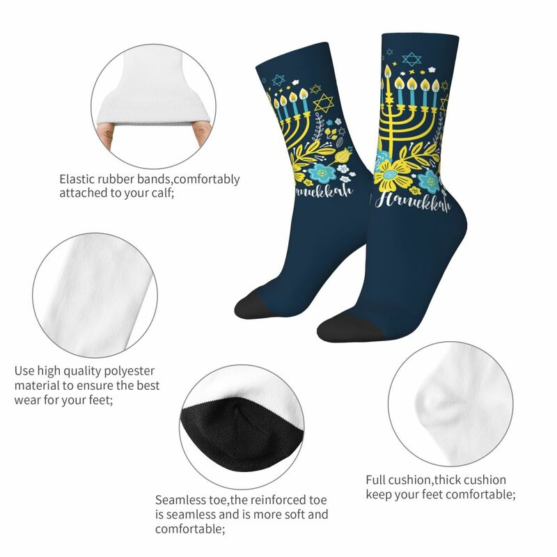 Retro Hanukkah Basketball Socks Menorah Jewish Religious Polyester Long Socks for Women Men Sweat Absorbing