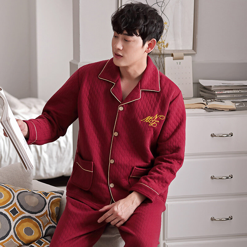 남성용 얇은 코튼 잠옷 카디건, 밝은 빨간색, 단색, 엠보싱 디자인, 가정용 의류, 3 레이어