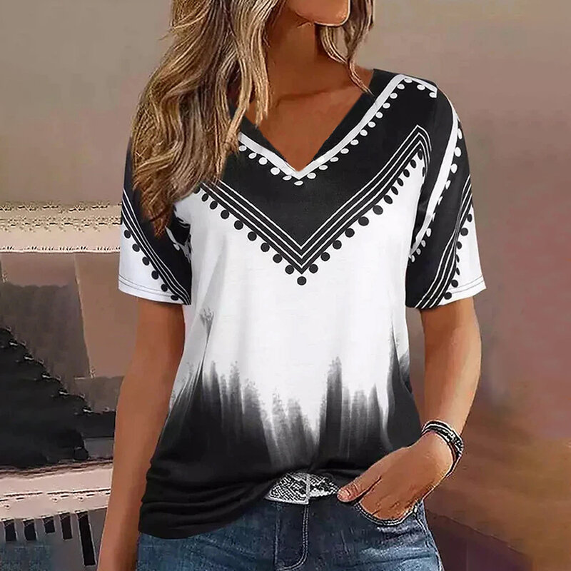 Fashion kaus bergaris-garis wanita, atasan dasar lengan pendek leher V gradien bercetak garis-garis musim panas ukuran besar