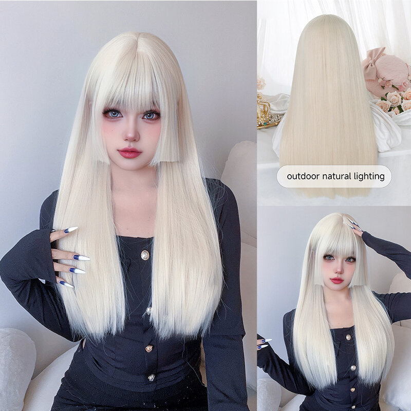 Branco-loira Lolita perucas sintéticas com estrondo para as mulheres, cabelo liso natural, resistente ao calor, peruca cosplay longa, cabelo natural, 26"