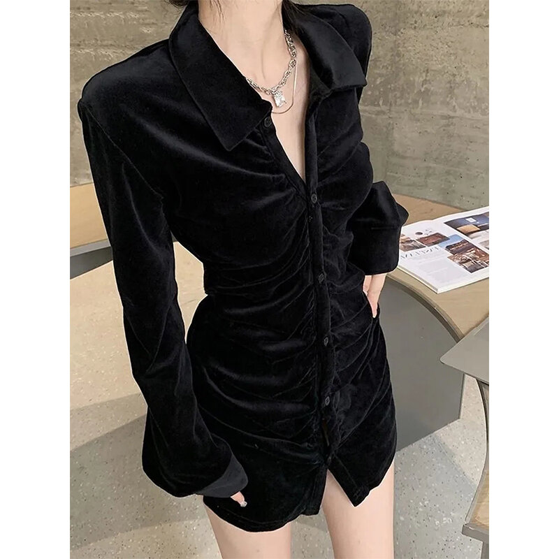 MEXZT-Chemises vintage pour femmes, chemisiers plissés en velours noir, plis élégants coréens, col rabattu, manches longues, mince, chic, décontracté, Y-