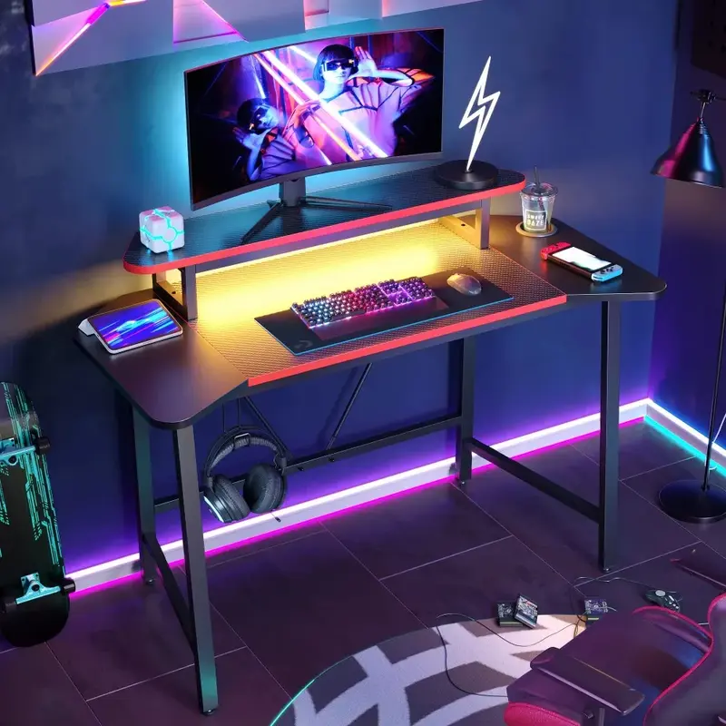 50.3 "Gaming Desk Computer Büro tisch mit LED-Leuchten & Monitorst änder, Kohle faser Schreibtisch Büromöbel Gaming Desk