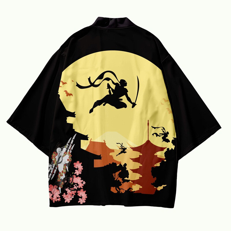 Samurai Schwarz Druck Strickjacke Hemd Kleidung Streetwear Haori Kimono Und Shorts Set Frauen Männer Harajuku Japanischen Strand Yukata Top