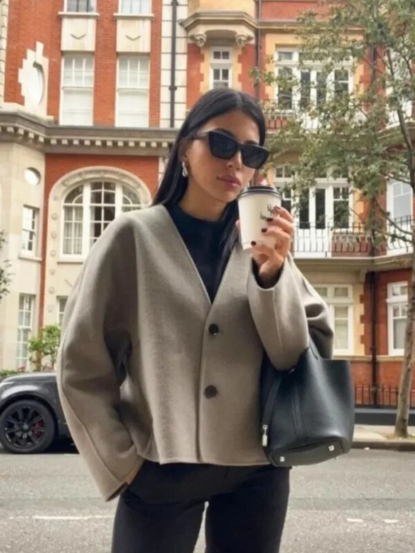 Solid V-neck Single Breasted Long Sleeved Jacket Women's Fashion Casual Autumn Winter Warm Coat 2023 Female Chic Street Outwear
